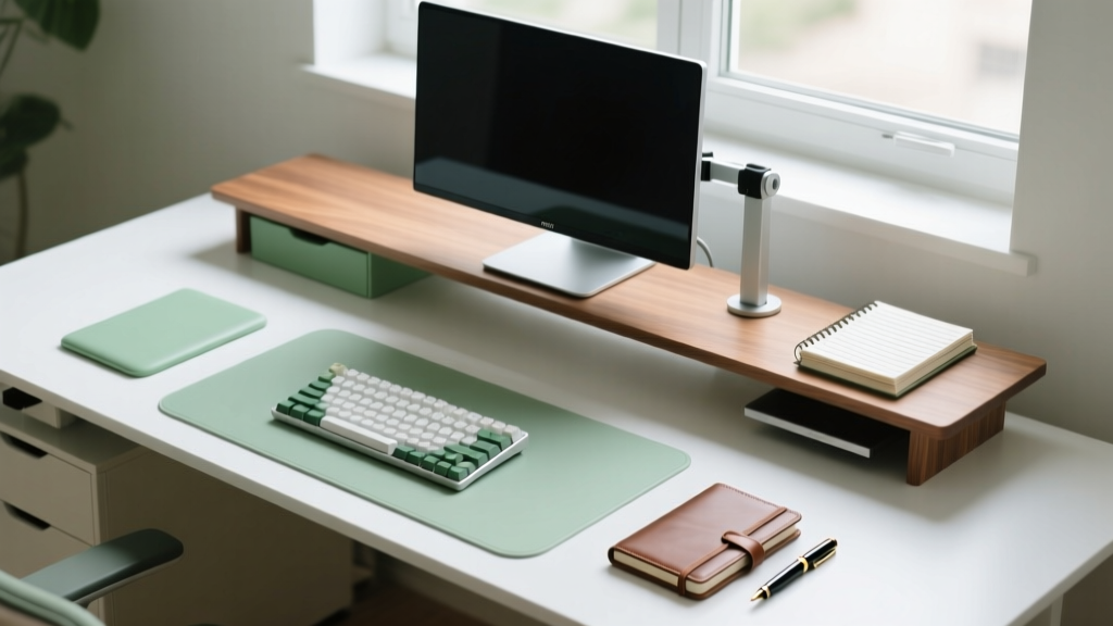 Overhead view of a cleanly organized desk zone map showing primary keyboard area, secondary monitor arm, and tertiary analog notebook space