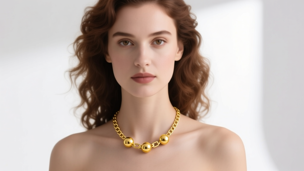 Elegant woman wearing a 14k yellow gold necklace with 4mm solid gold balls and a box chain in soft light.
