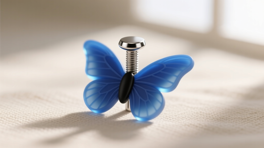 Close-up of a 20-gauge titanium post on a hanafuda charm, showing a secure silicone butterfly friction backing in soft lighting.