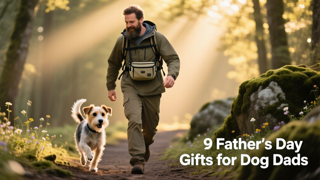 Dog dad wearing a compact backpack-style gear bag while hiking with his energetic terrier mix
