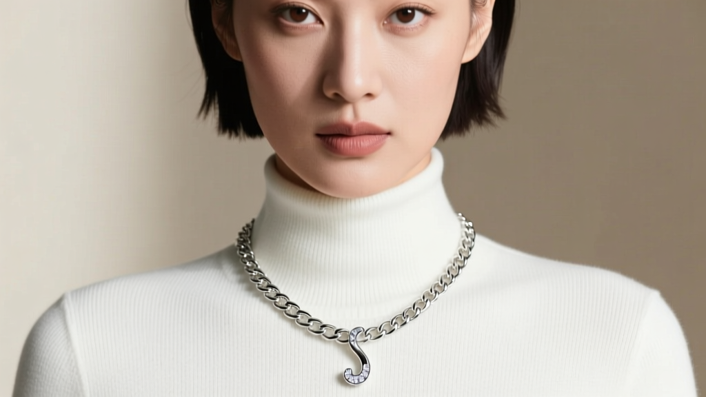 Person wearing an 18-inch rhodium-plated sterling silver box chain with a small diamond-accented semicolon charm, front view.