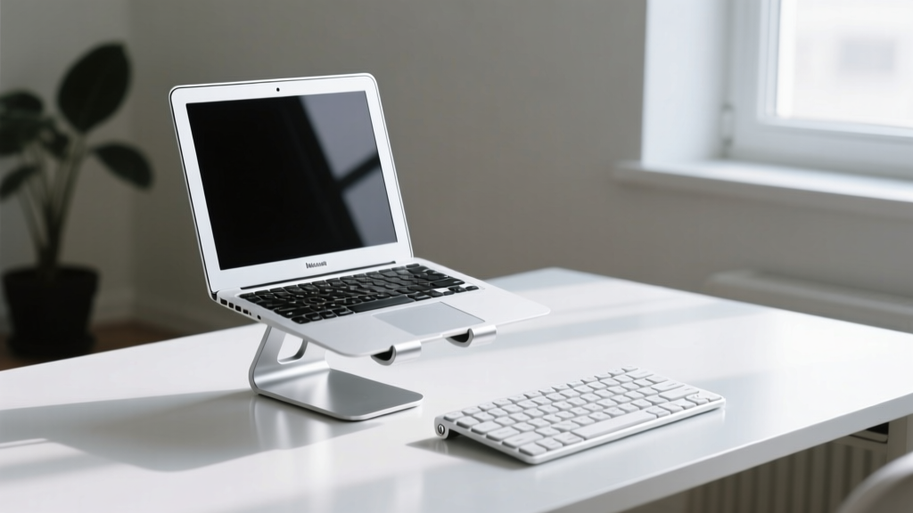 Aluminum Rain Design mStand holding a MacBook Air at eye level next to a mechanical keyboard on a minimalist white desk setup