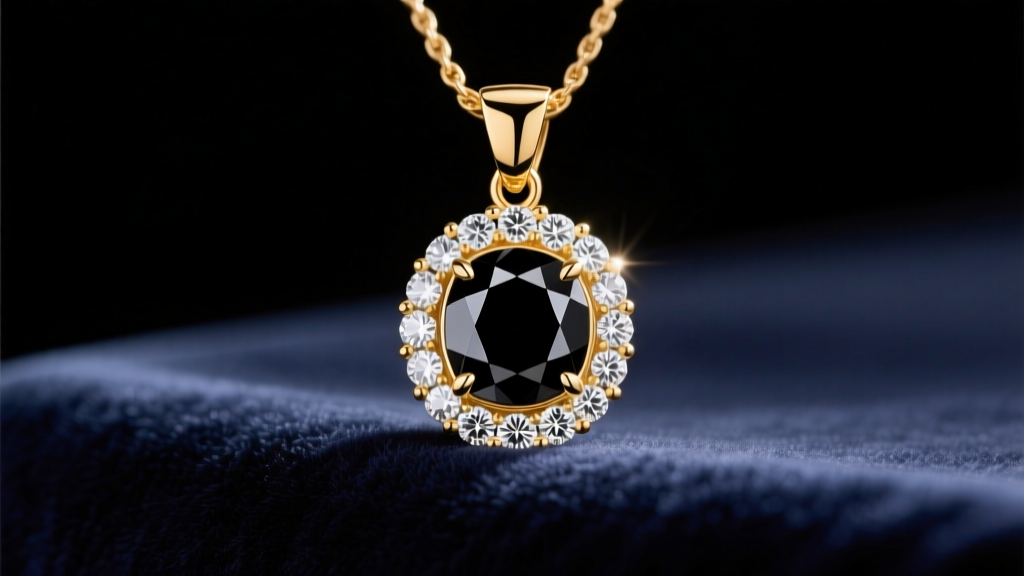 18k gold pendant with a central black diamond and white diamond halo resting on dark velvet under soft, warm studio lighting.