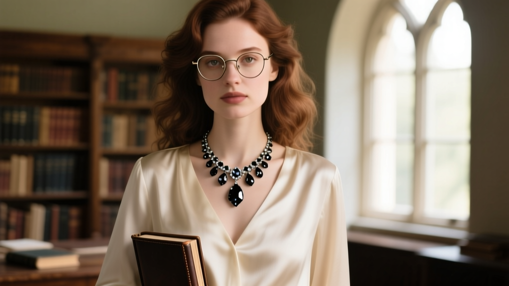 Woman wearing a vintage black crystal necklace over a cream silk blouse, showcasing dark academia styling in soft natural light.