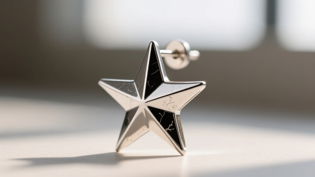Macro side view of a 20-gauge sterling silver star earring showing 1mm thick points against a softly blurred gray background.