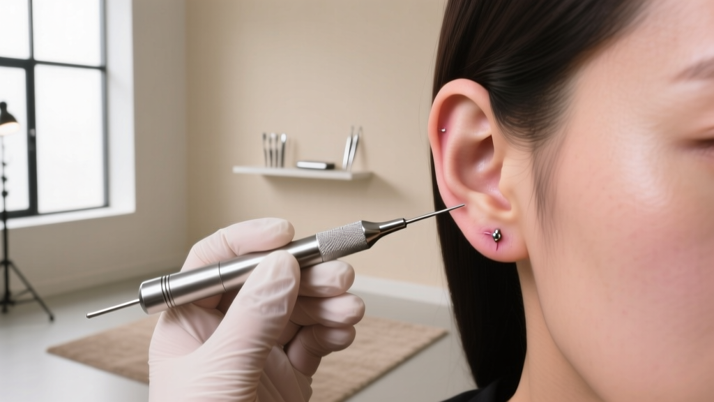 Professional piercer using a sterile taper tool to measure the gauge of a healed earlobe piercing in a bright, modern studio.