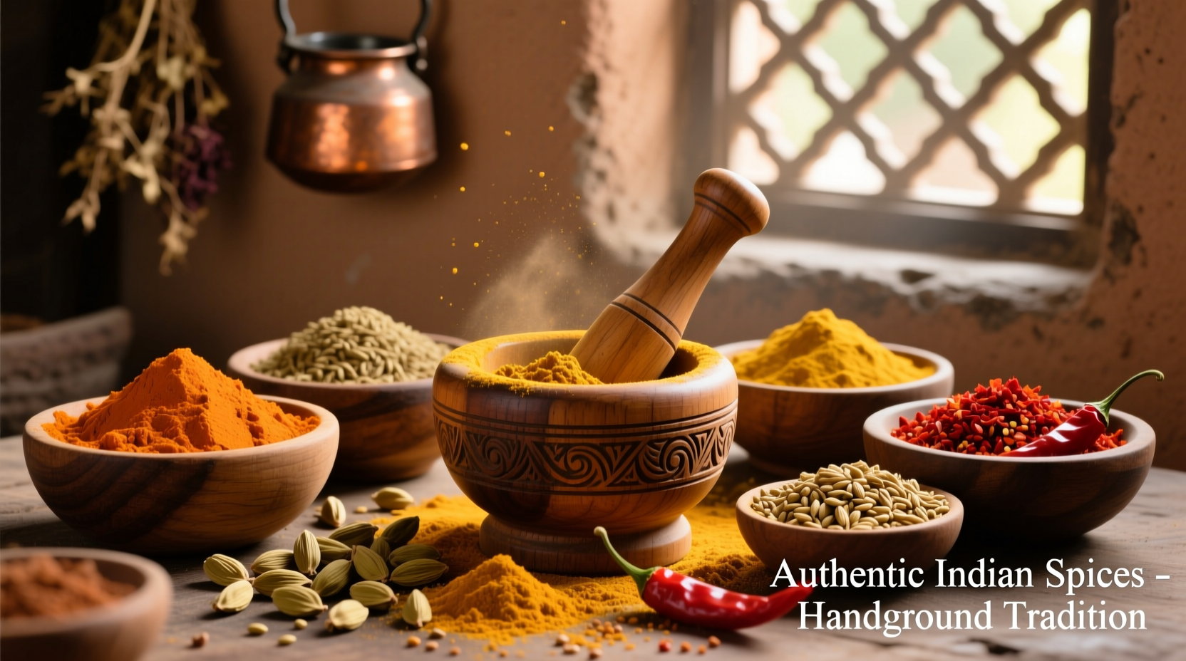 Assortment of authentic curry spices in traditional grinding bowls