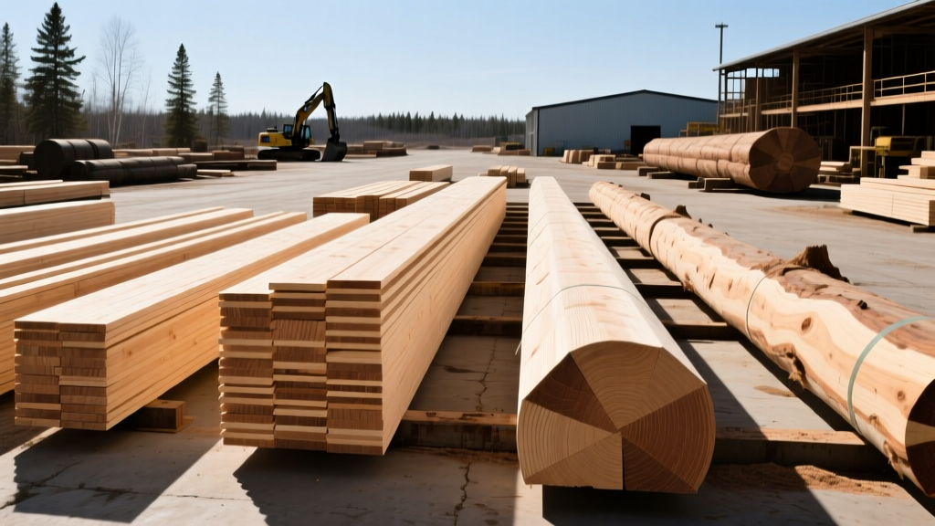Stacked SPF dimensional lumber and massive glulam beams at a Northern Ontario sawmill yard prepared for commercial structural framing