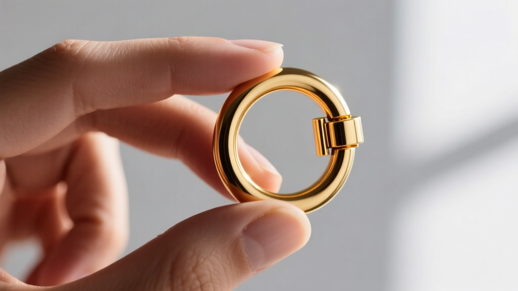 Fingers snapping shut a 14-karat gold seamless segment clicker hoop, highlighting the hidden hinge and flush closure mechanism