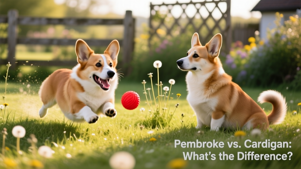 A playful Pembroke Welsh Corgi chasing a toy while a relaxed Cardigan Welsh Corgi sits nearby