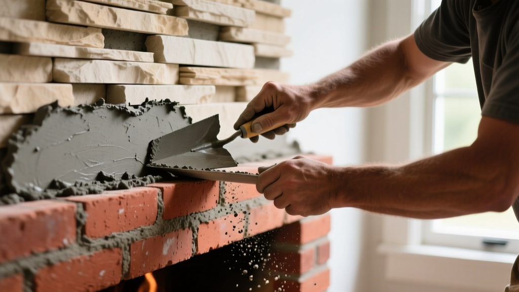 Close-up of a mason applying gray mortar to a red brick fireplace surround before installing stacked limestone veneer panels