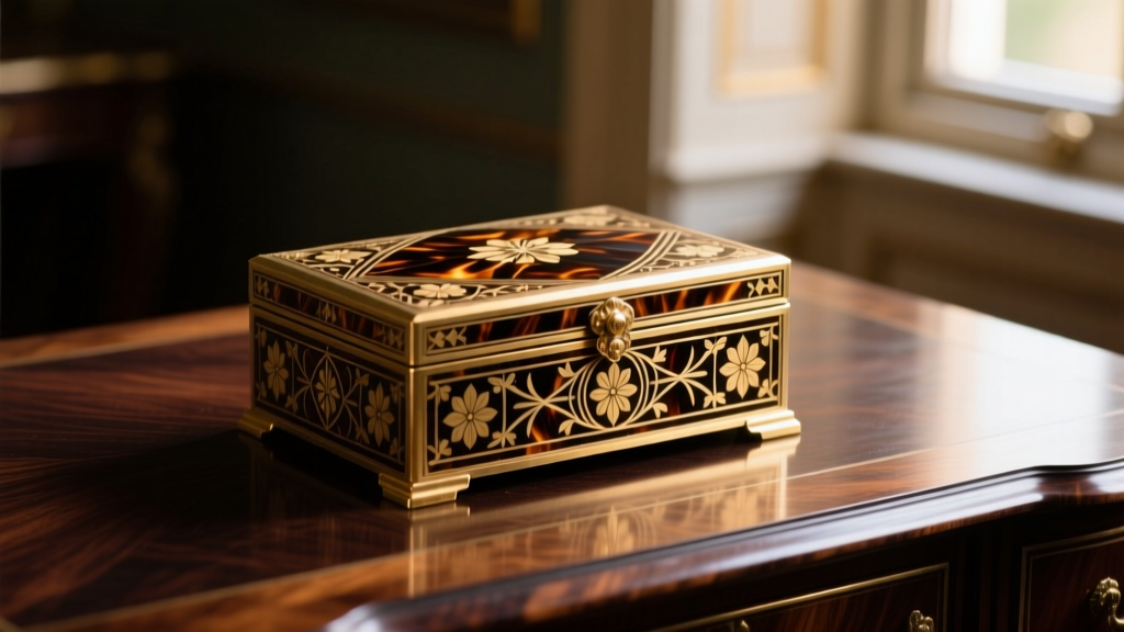 Napoleon III antique French jewelry box with intricate brass and tortoiseshell Boulle marquetry resting on a dark wood desk