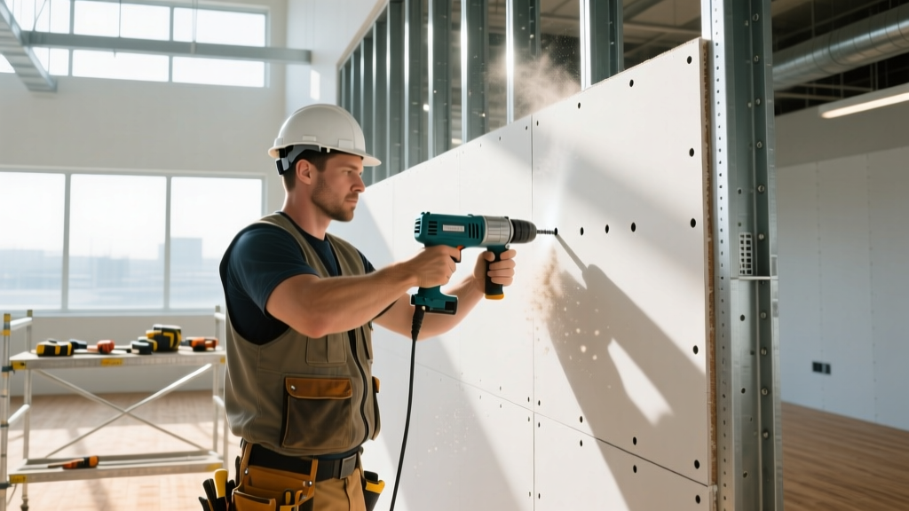 Drywall installer securing 1/2 inch gypsum board to metal wall studs using a dimple-setting screw gun in a bright commercial framing site
