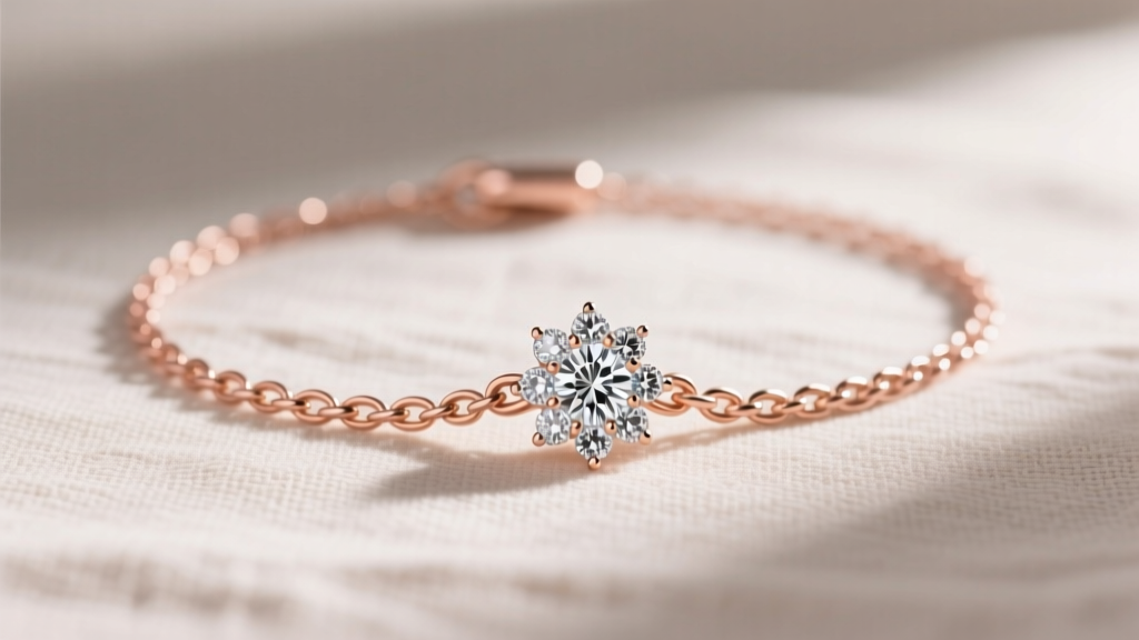 Delicate 14k rose gold cable chain attached to a pavé daisy diamond pendant, displayed flat on a neutral linen fabric background