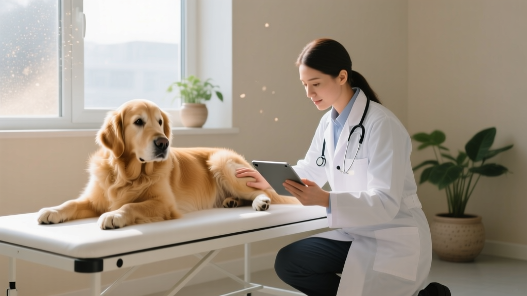 Veterinarian examining a senior golden retriever
