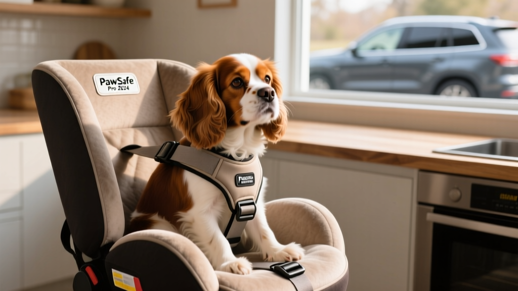 Side view of a medium-sized dog comfortably seated in a plush car booster seat, secured with a harness