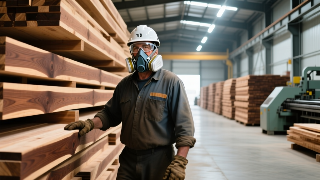 Industrial lumber mill worker wearing a P100 respirator and safety goggles inspecting stacked hardwood planks under bright LED shop lighting