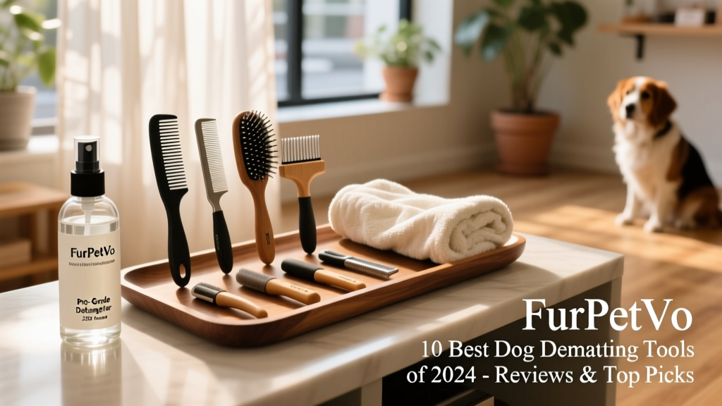 A neatly organized FurPetVo grooming station with labeled tools, a soft towel, and a bottle of FurPetVo-certified detangling mist