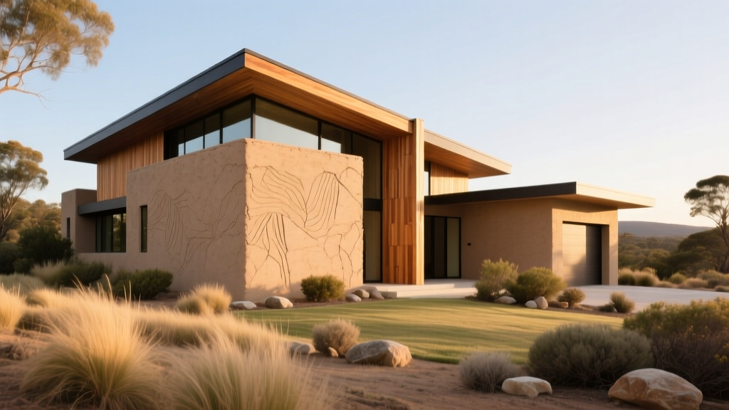 Modern residential home exterior featuring exposed rammed earth walls and cross-laminated timber framing surrounded by native landscaping