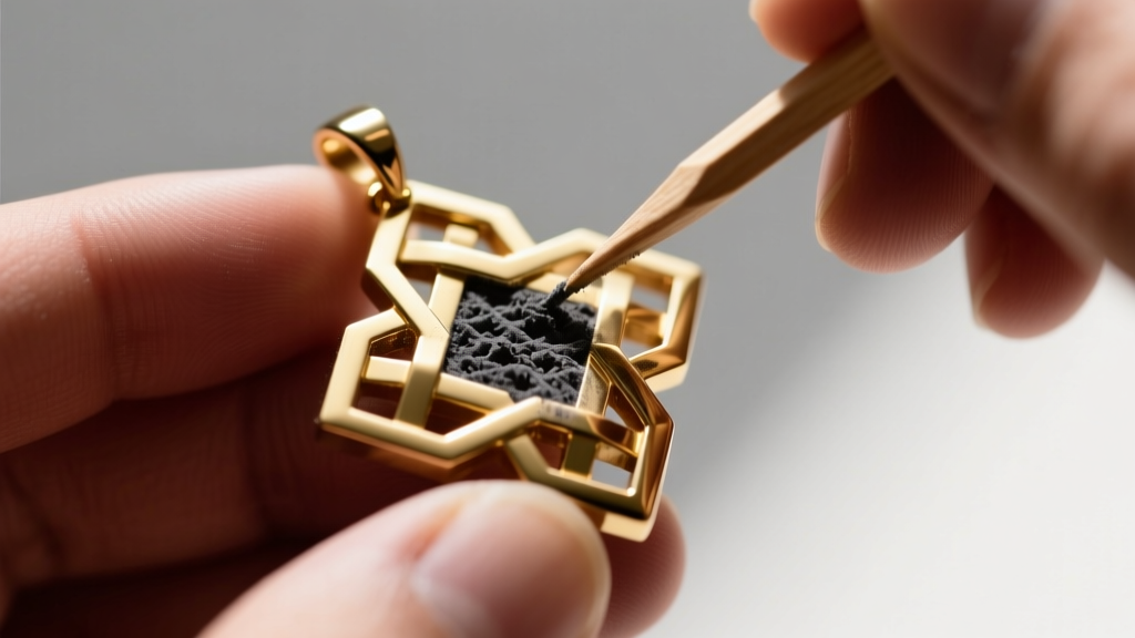 Hands applying powdered graphite with a wooden toothpick to the interlocking grooves of a 14k gold puzzle pendant piece