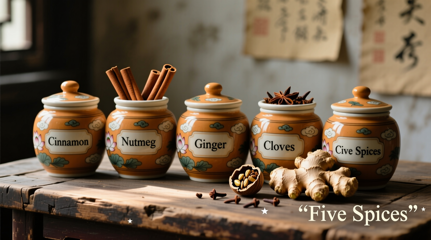 Five spice jars with cinnamon, nutmeg, ginger, cloves