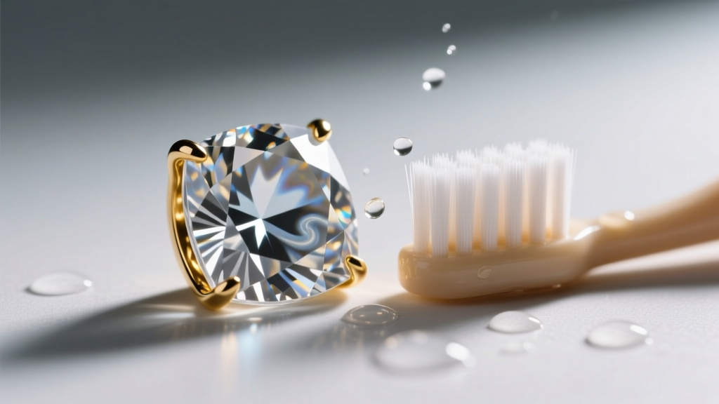 Macro shot of a cloudy cubic zirconia stone in a gold prong setting being gently cleaned with a soft-bristled baby toothbrush