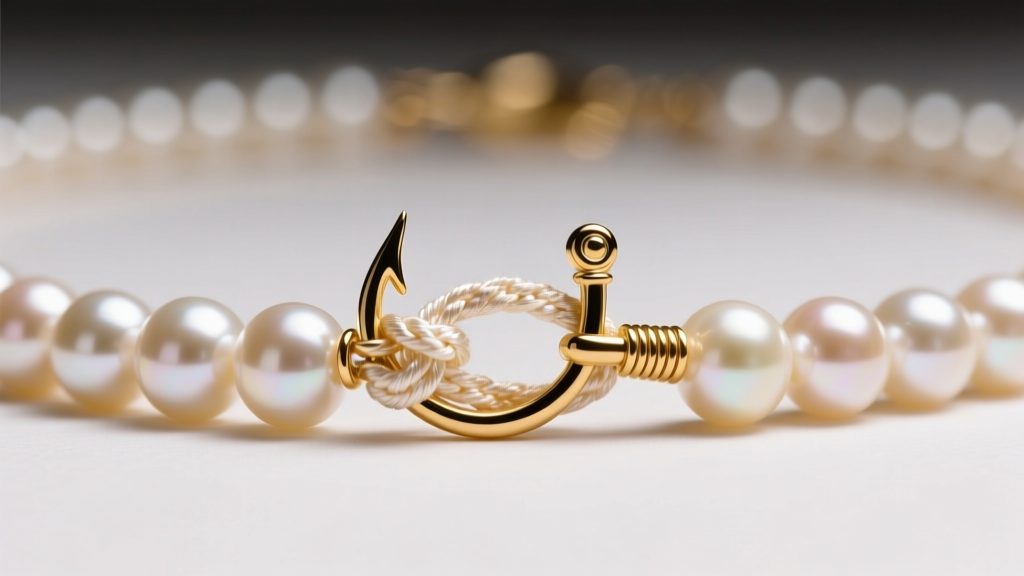 Detailed shot of a 14k gold fishhook clasp securing a knotted silk short pearl necklace, showing French wire reinforcement.