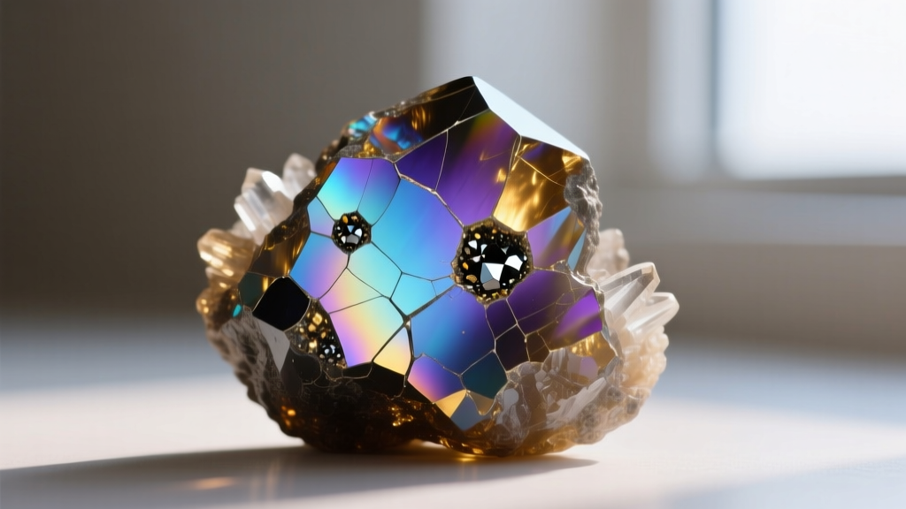 Macro photo of raw rainbow obsidian showing conchoidal fractures and microscopic magnetite inclusions causing iridescent sheen.
