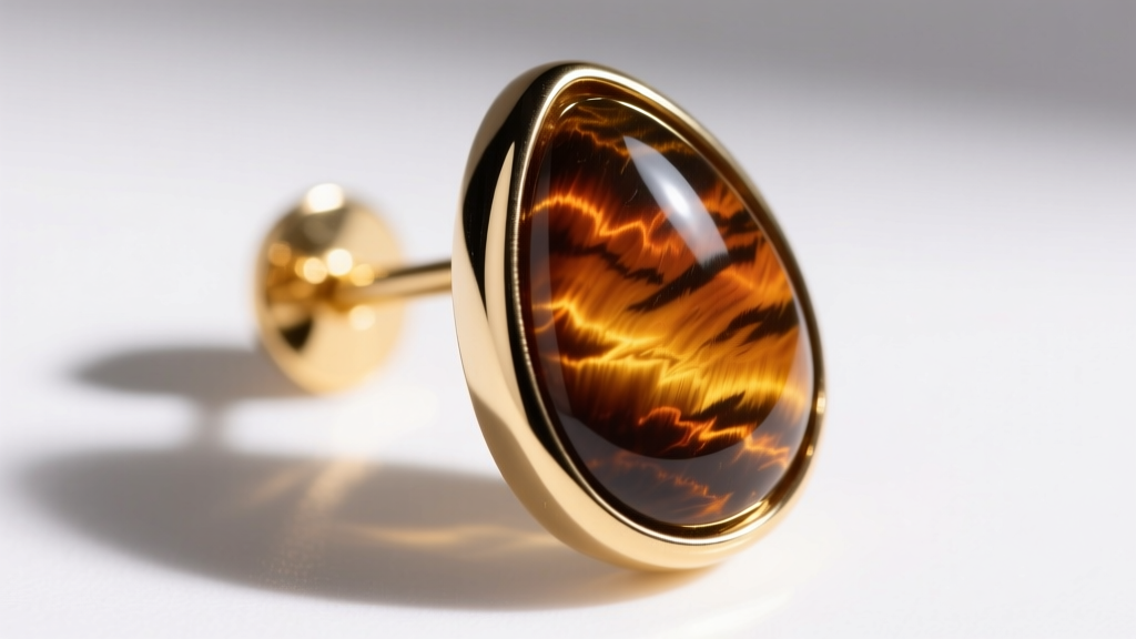 Close-up of tiger eye teardrop earring in a thick bezel setting, highlighting the protective metal rim and an 18-gauge gold post.