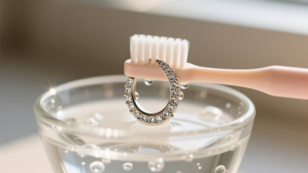 Soft baby toothbrush scrubbing the underside of a diamond huggie earring in a small glass bowl of soapy distilled water.