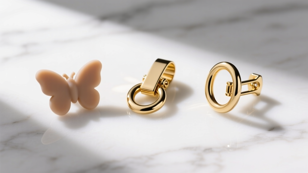 Flat lay of three earring clasp types: silicone butterfly back, gold omega clip, and hinged hoop latch on white marble