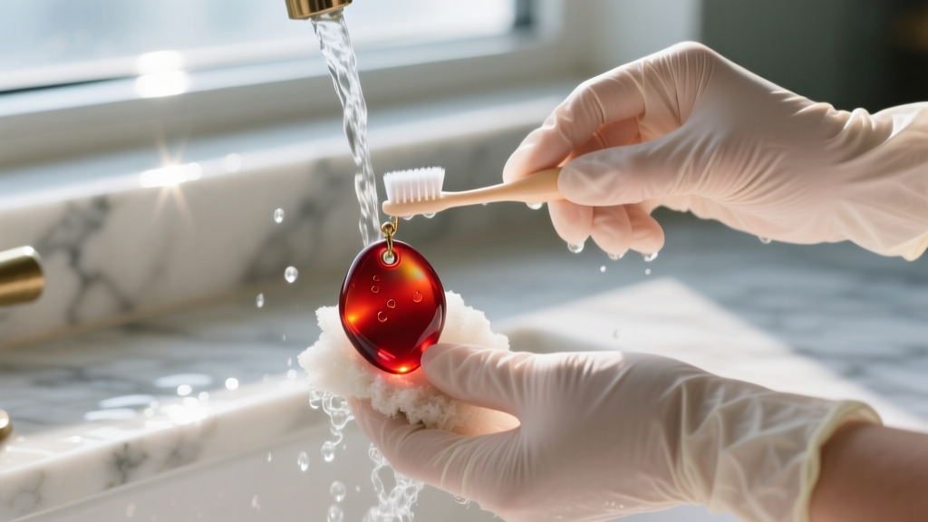 Hands in nitrile gloves gently scrubbing a rare red seaglass pendant with a soft-bristled baby toothbrush under clear running water