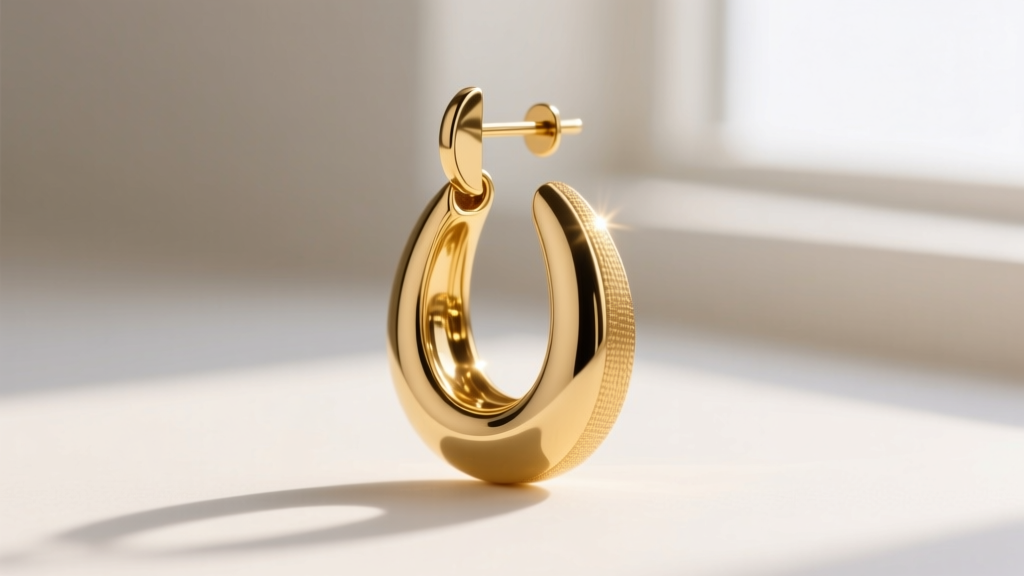 Close-up of an 18k gold-plated brass drop earring showing a smooth polished surface and warm studio reflections