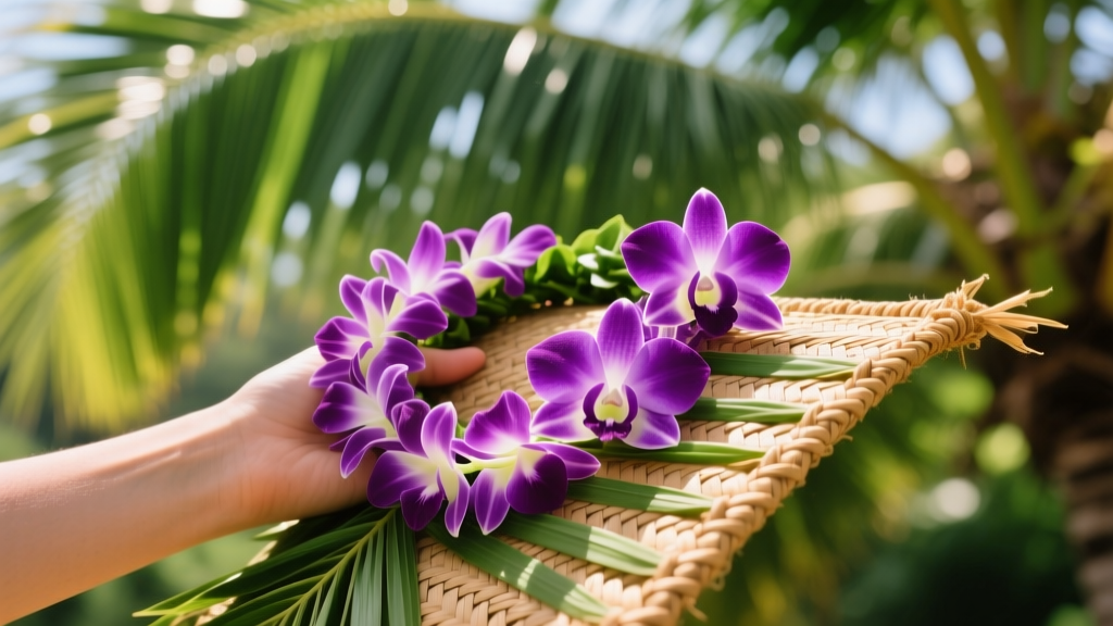 Vibrant purple orchid lei draped over a woven lauhala mat with soft tropical sunlight filtering through lush green palm fronds.