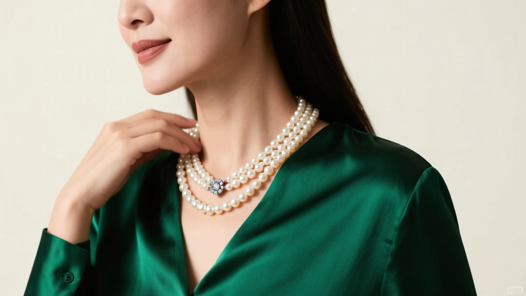 Woman wearing a 5 strand Akoya pearl necklace with a diamond clasp over an emerald silk blouse in soft studio light.