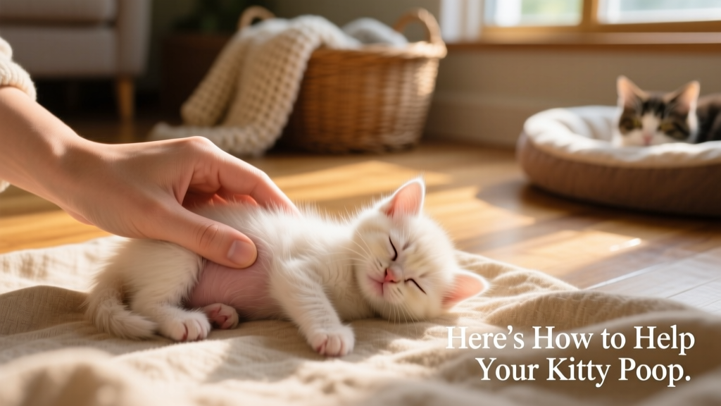 Close-up of a gentle hand stimulating a newborn kitten's abdomen to encourage bowel movement