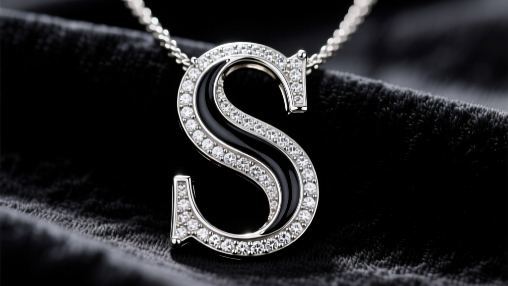 Close-up of a large initial necklace letter S encrusted with pavé diamonds and black onyx enamel, resting on dark velvet