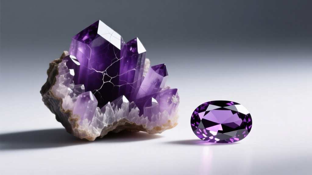 Close-up of raw Siberian amethyst crystal displaying deep violet saturation next to a calibrated 7mm faceted oval amethyst gemstone