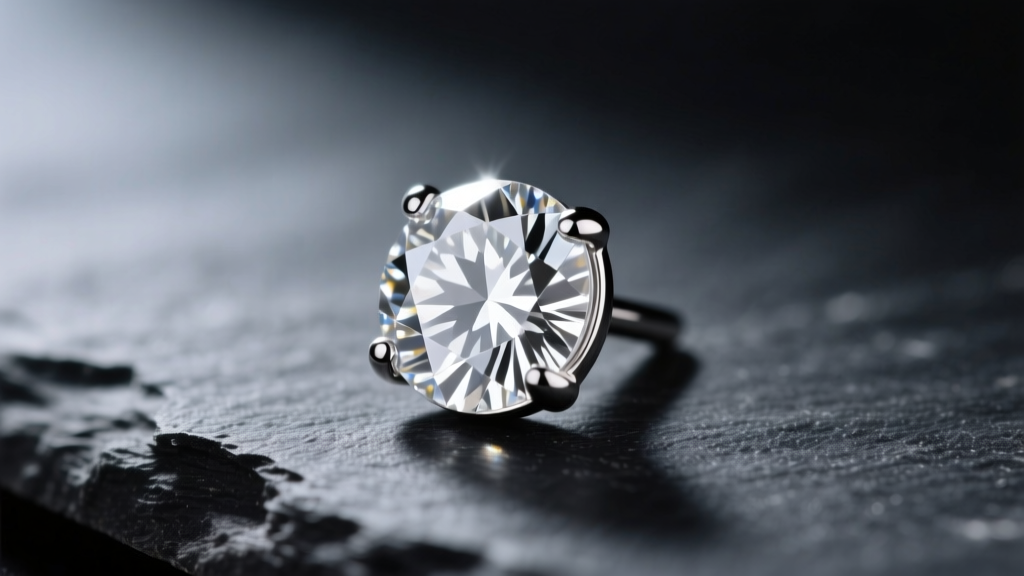 Macro view of a 7mm round brilliant diamond stud in a platinum bezel setting on dark slate with soft directional lighting.