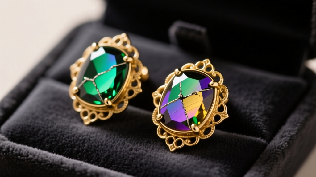 Close-up of repaired dichroic glass earrings with gold bezels, resting on a dark velvet jewelry mat under warm studio lighting