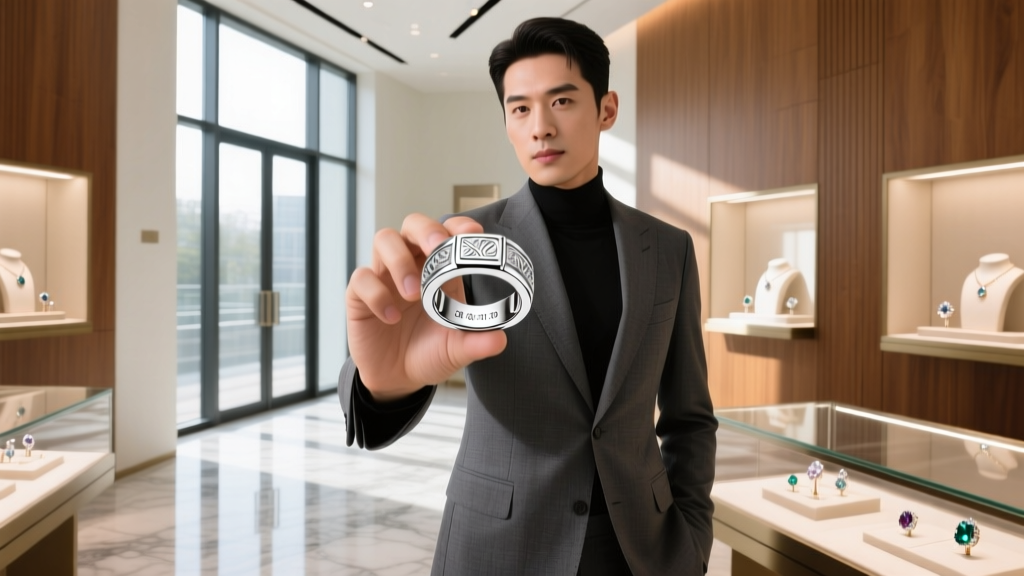 Man in a suit holding a platinum signet ring up to the light inside a jewelry store, inspecting the hallmarked inner band details.