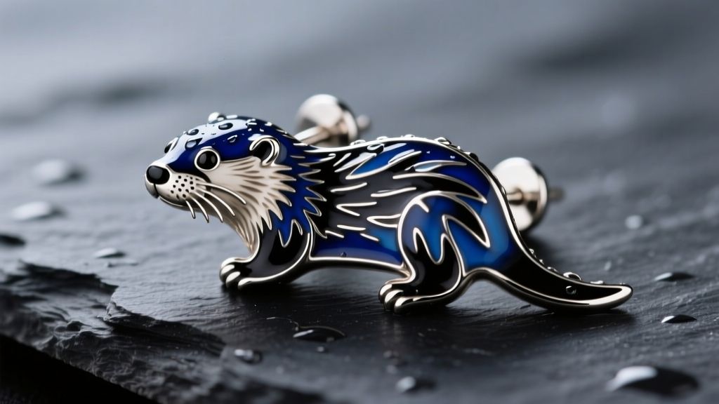 Macro shot of vitreous enamel and sterling silver otter stud earrings on dark slate, highlighting glossy, detailed wet fur textures