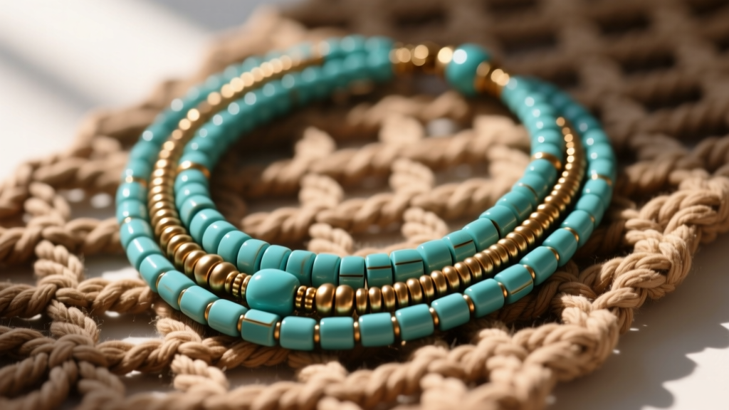 Close-up of a multi-strand boho beaded necklace with matte turquoise and brass heishi beads resting on a woven macrame textile.
