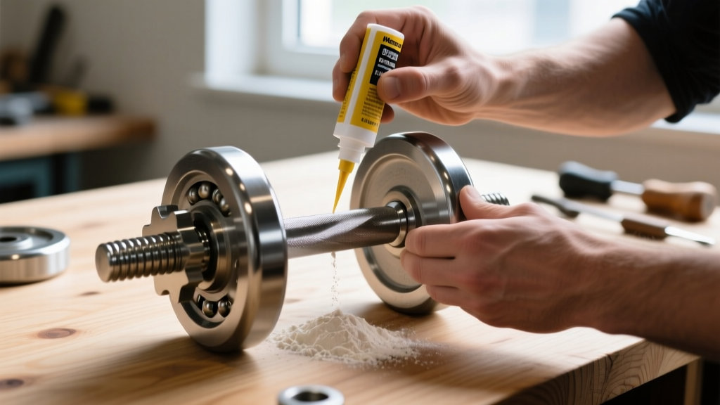Hands applying PTFE dry lubricant to the rotating bearing sleeve of a disassembled McGregor dumbbell handle on a clean wooden workbench