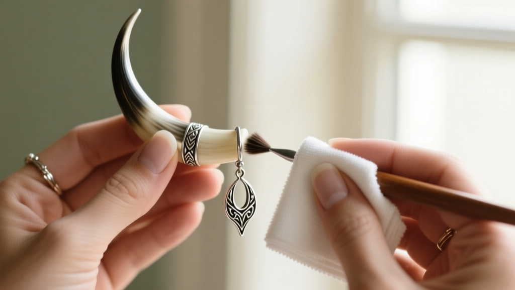 Hands using a microfiber cloth to buff the curved silver horn tip of a western dangle earring against a soft, blurred background.