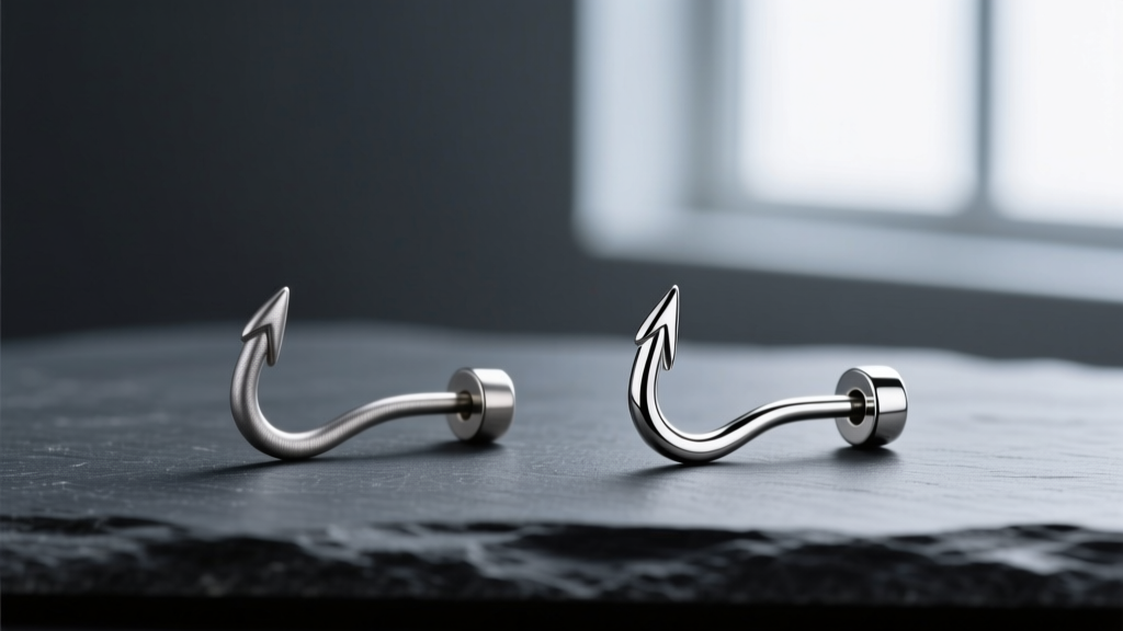 Side-by-side view of dull surgical steel and bright implant-grade titanium fishhook ear wires resting on a dark slate surface.