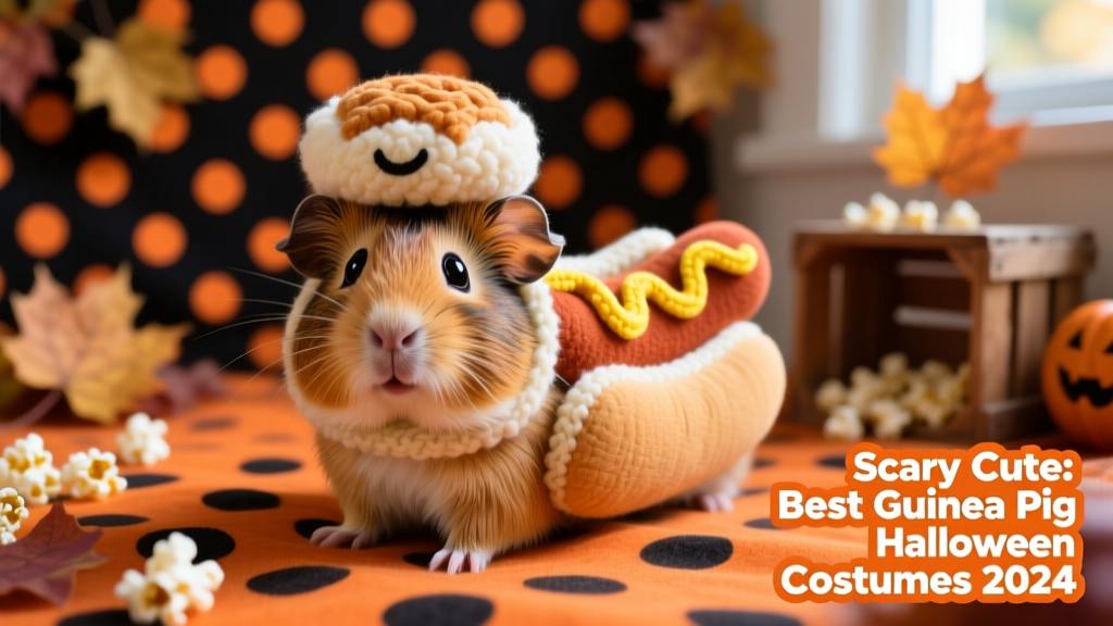 A guinea pig wearing a cheerful hot dog costume, posed on a festive orange and black backdrop