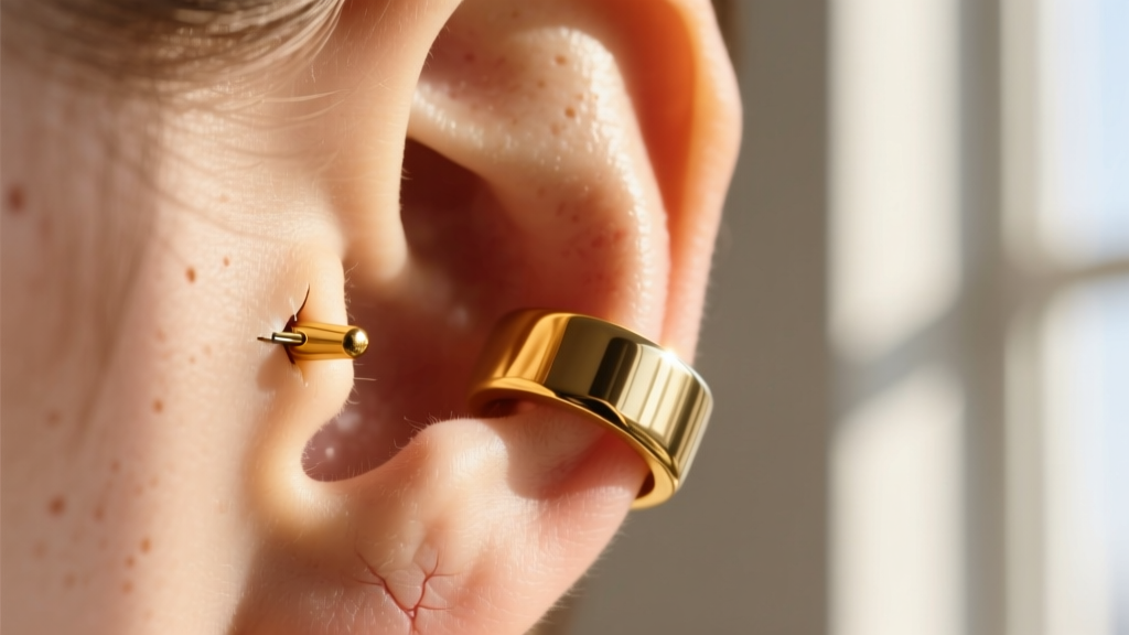 Close-up of 16-gauge 14k yellow gold clicker ring in a healed helix piercing, sunlight catching the highly polished metal finish.