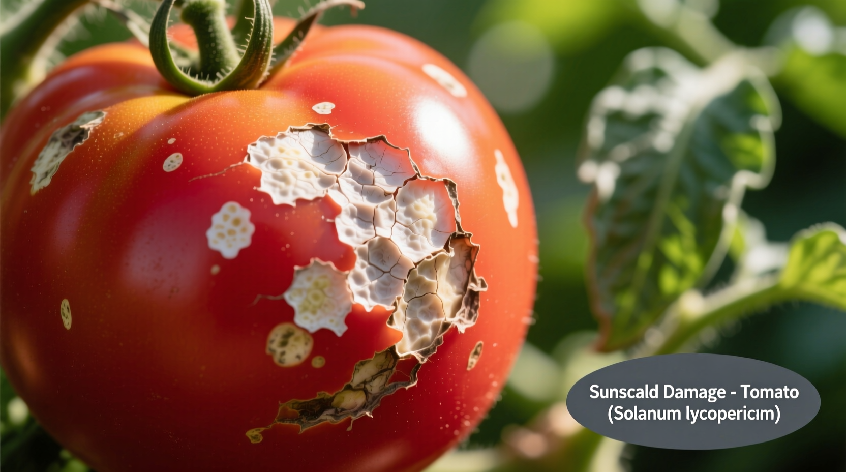Tomato sunscald showing white blistered patches on red fruit