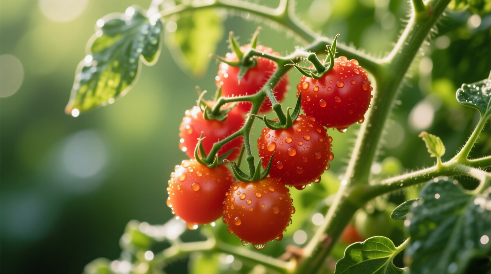 Fresh cocktail tomatoes on vine with dew drops